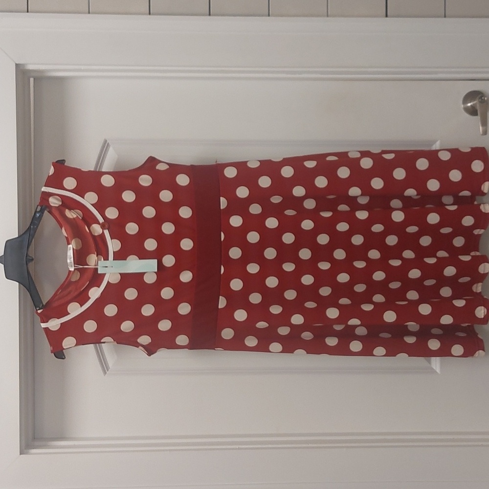 Dressfo Deep Red Polka Dot Sleeveless Swing Dress Sz 14